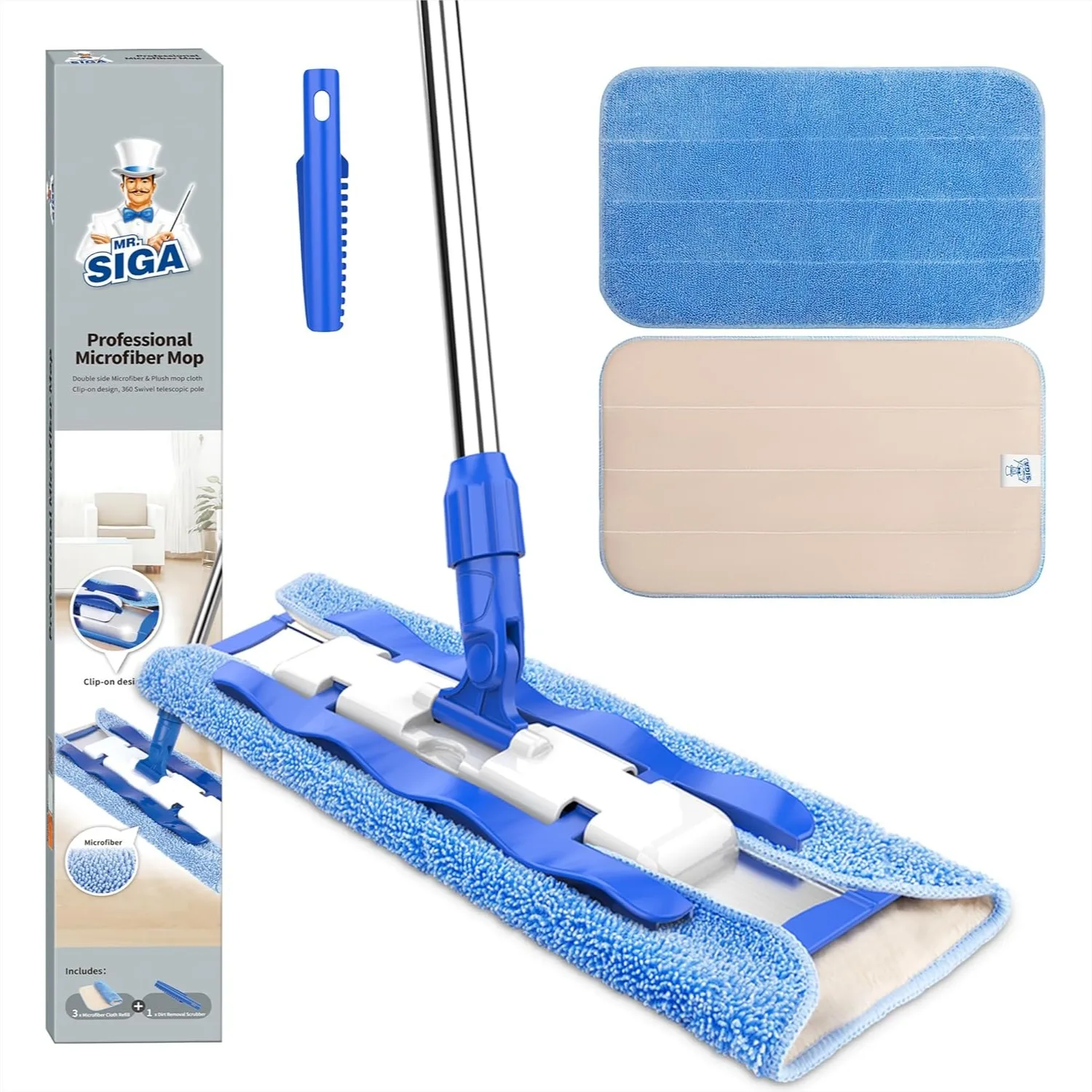 

Microfiber Mop for Hardwood and Tile Cleaning with Telescopic Handle, 3 Reusable Pads and Scrubber Included