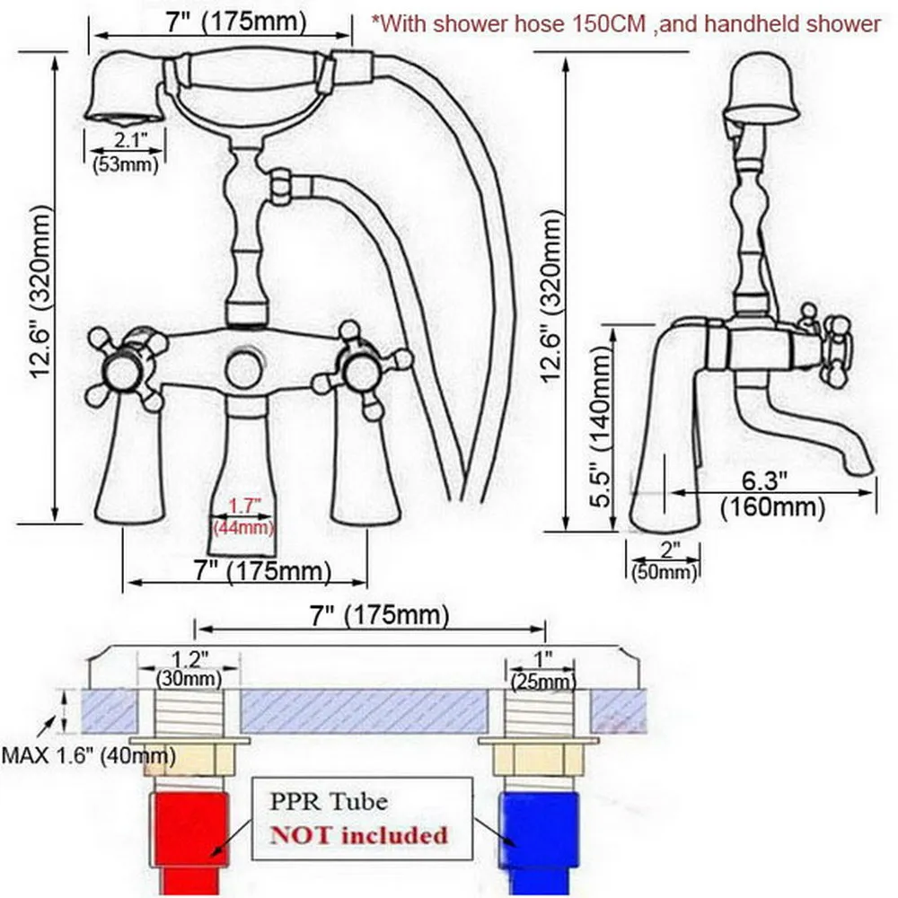 Polished Chrome Deck Mounted Double Handle Bathroom Bathtub Faucet with Handheld Spray Shower Hot and Cold Water Ncy006