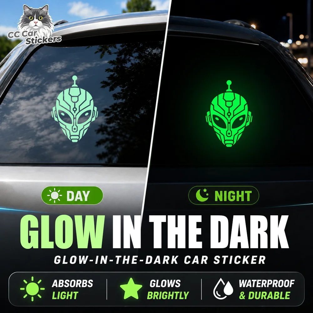 Cyber Alien Robot Face Glow in the Dark Car Sticker Luminous Vinyl Decal Waterproof Rear Window Sci-Fi Auto Decor Trim Accessory
