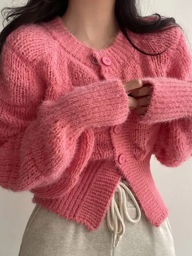 

Осень-зима, новый женский короткий розовый вязаный свитер с круглым вырезом, куртка, свободный высококачественный женский кардиган