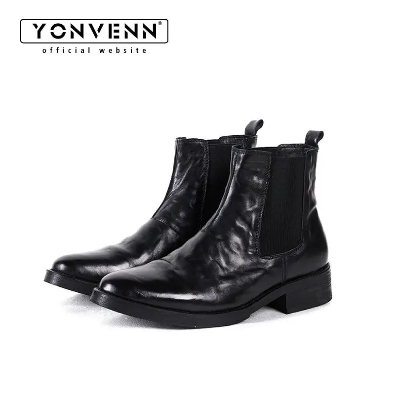 

New pointed and elegant short boots for men with cowhide and thick soles Chelsea Wizard boots trendy Western style