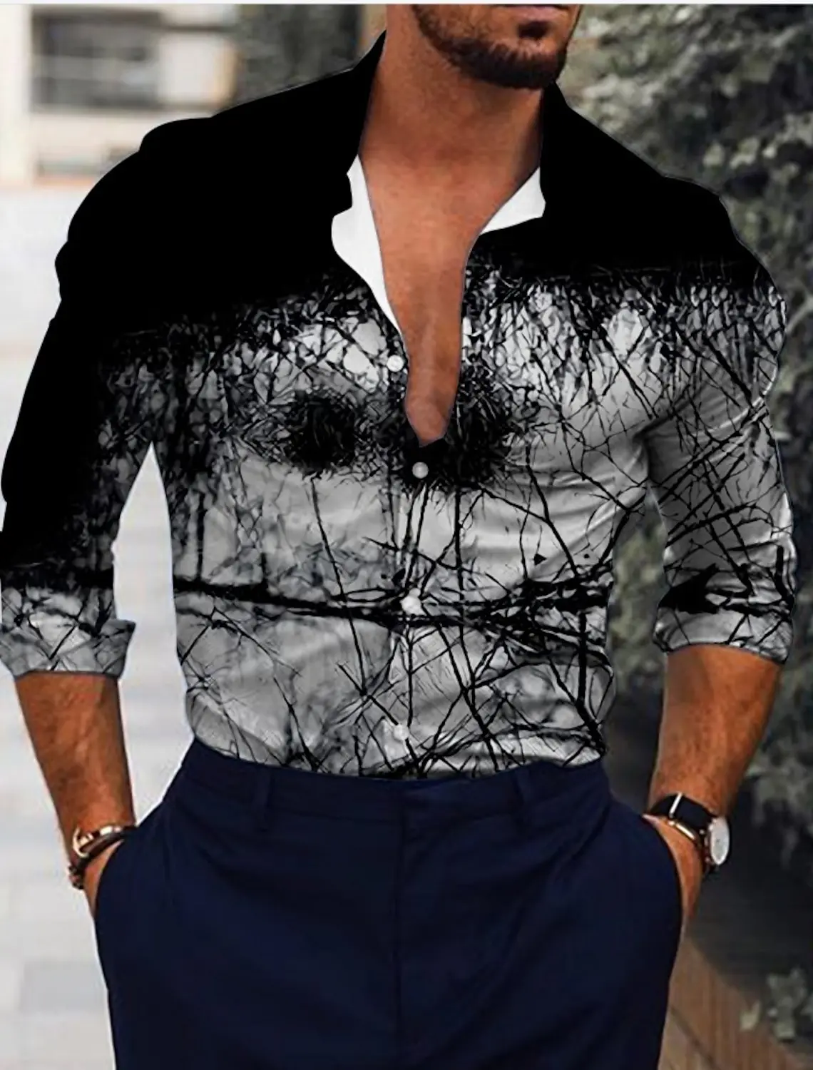 Camisa com estampa gráfica de manga comprida masculina, Roupa de Botão, Gradiente, Exterior, Casual, Confortável, Designer, Moda, Vestuário