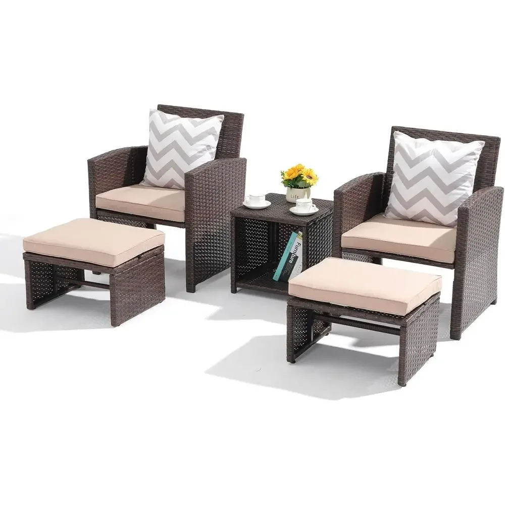 5-Piece Outdoor Patio Furniture Set with Cushions, Brown Wicker Chairs and Ottoman, Ideal for Balcony, Garden, Porch, Beige
