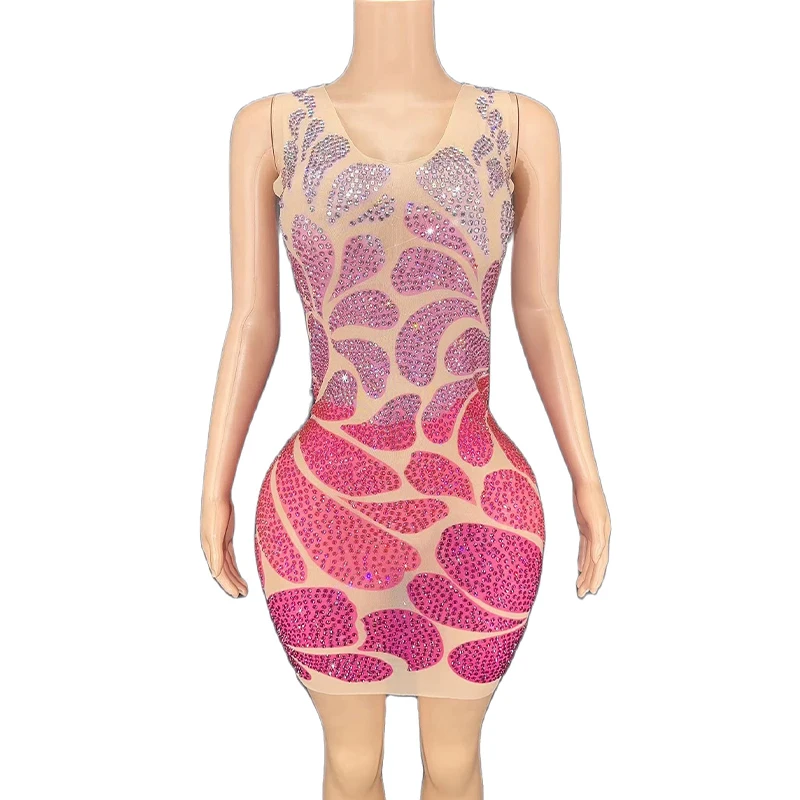

Rhinestone Sparkly Multicolor Sleeveless Sexy Mesh Transparent Short Bodycon Dress