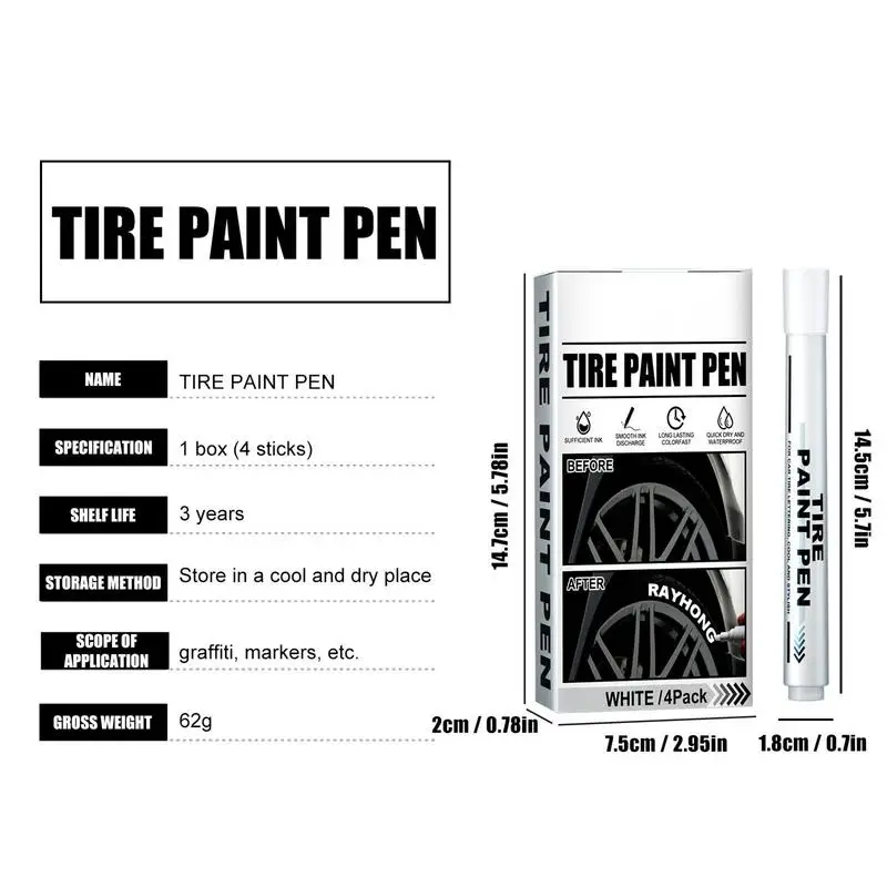 Branco impermeável tinta permanente marcador, desvanecente-prova caneta, pneu de carro, Graffiti óleo de secagem rápida, 4pcs