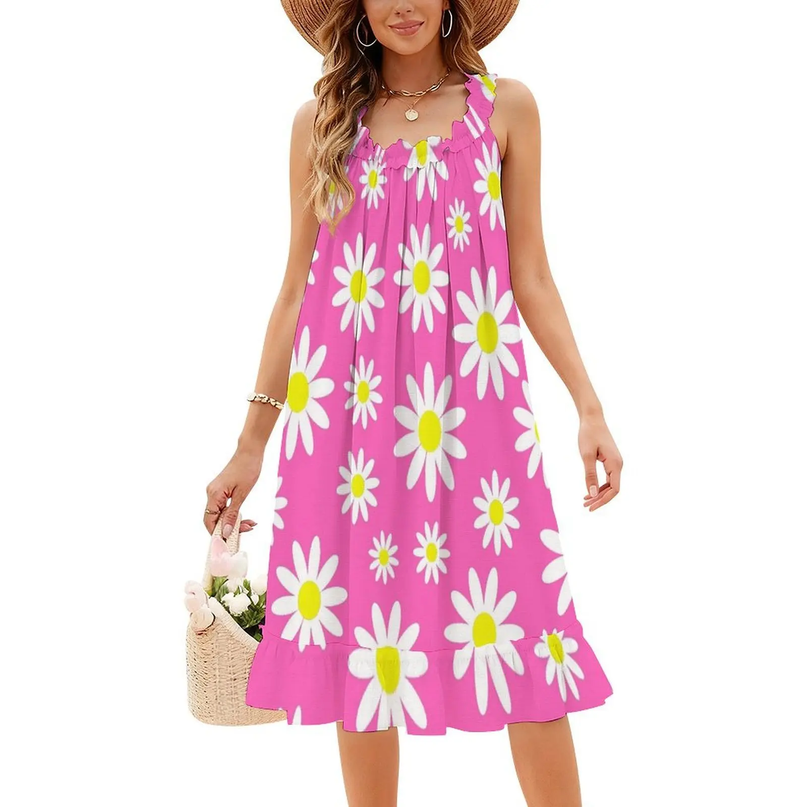 الوردي الإقحوانات ديزي الأزهار البوهيمي فستان بلا أكمام متعدد طباعة شاطئ عطلة فستان الحفلات الوردي الإقحوان ديزي الأزهار ديزي