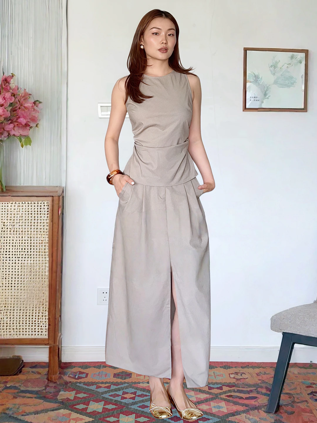 Elegant Commute Set Women's Summer Fashion Simple Sleeveless Waist-Cinched Vest Split  Skirt Two-Piece Ensemble