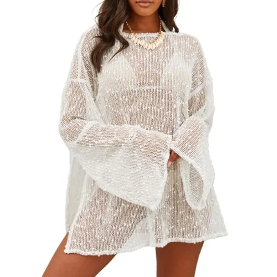 Lilosy Sexy Crochet Sheer Kaftan Caftan Beach Dress Bathing Suit Swim Coverup Summer Vacation Outfits One Pcs