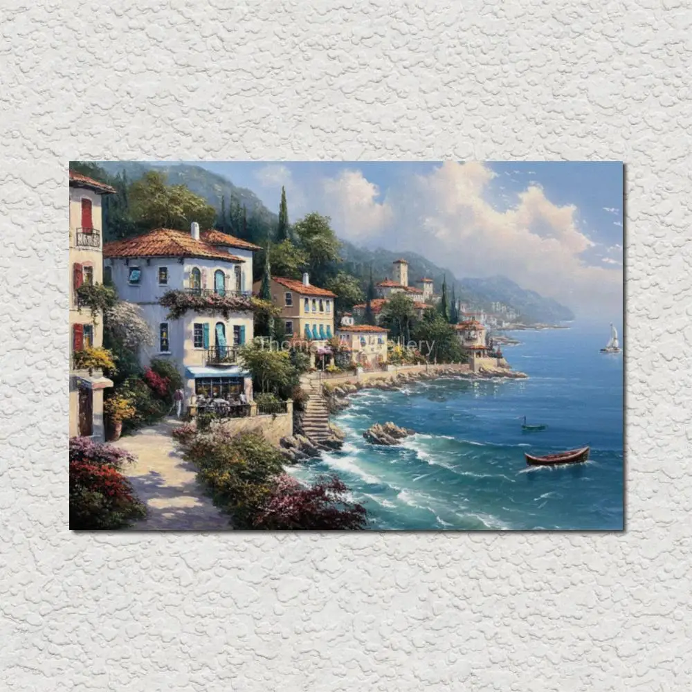Coastal Village Seascape Canvas Print Beautiful Ocean Wall Art HD Poster Landscape Picture Modern Living Room Office Decor Large