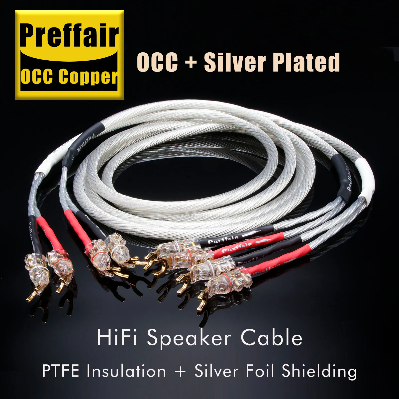 Pair 8n Occ Silver Plated Biwire Speaker Cable Gold Plated 2Y to 2Y Spade Plug Audio Cable Connecter