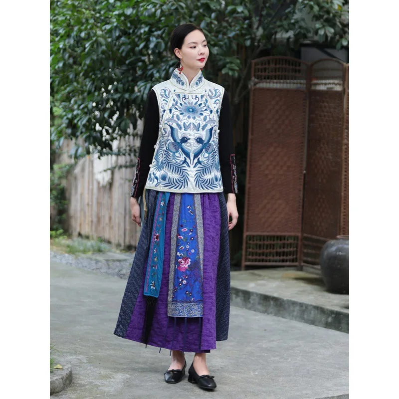 TIYIHAILEY Long Maxi Women Cotton And Linen Skirts A-line Elastic High Waist 2026 Embroidery Ladies Spring Autumn Chinese Style