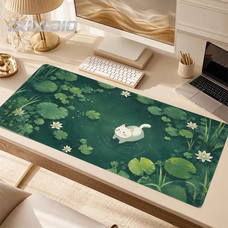 Tapis de souris Lotus Pond White Cat, impression à la demande, nouveau tapis de souris pour ordinateur HD XXL, caoutchouc naturel antidérapant, tapis de souris souple pour ordinateur
