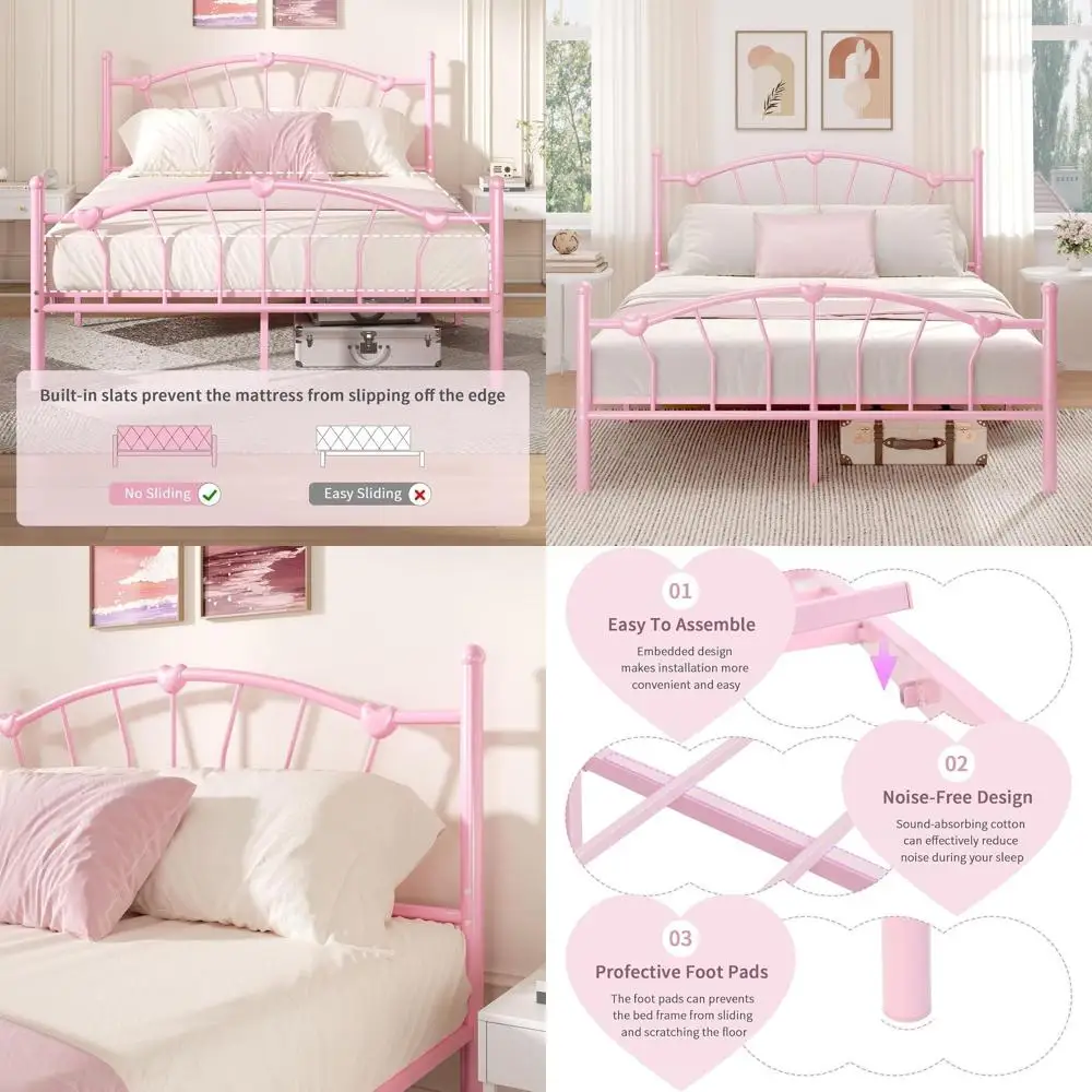 

Прочная розовая кровать для девочек полноразмерного размера с декором в виде сердечек и изголовьем, металлическим ламельным основанием, без пружинного блока, простая сборка.
