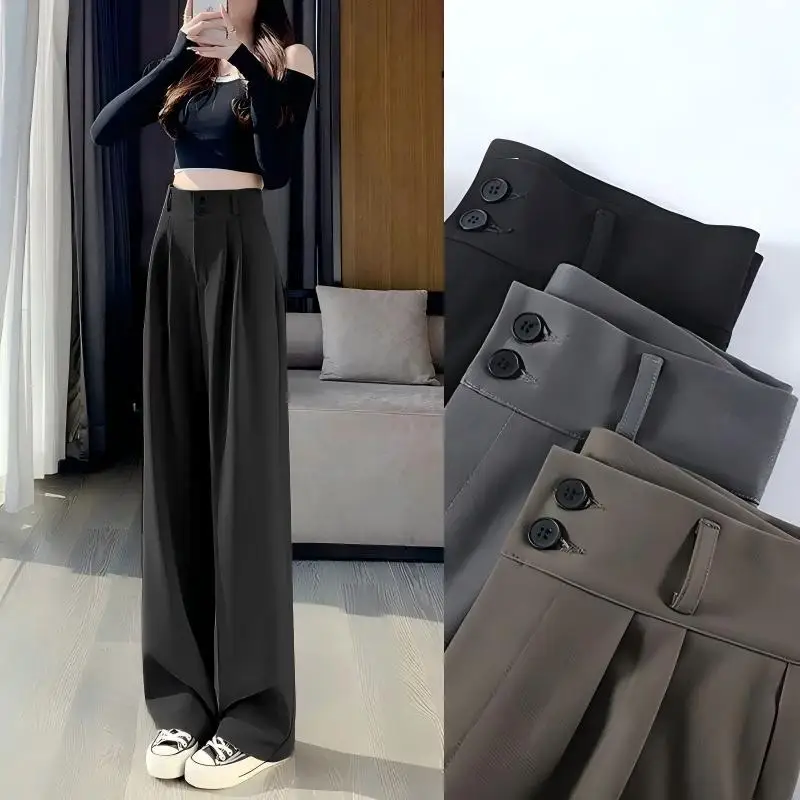 Women Suit Pants Spring Autumn New High Waist Slimming Draping Straight Casual Loose Wide Leg Trousers For Office Daily Wear