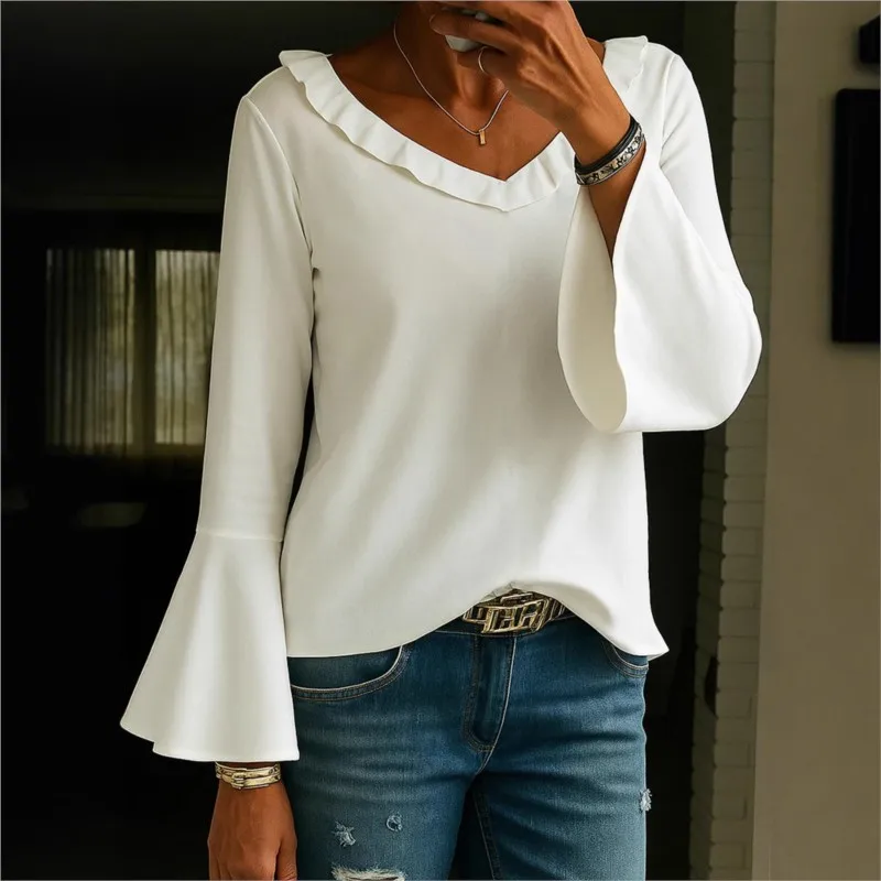 

Casual Simple Style Solid Women's Top Spring Summer Fashion V-neck Loose Long Sleeve T-shirt Lady Basic Versatile V-neck Blouses
