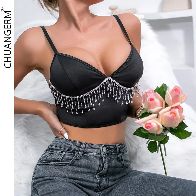 

CHUANGERM Sexy Corset Rhinestone Overbust Vest Spaghetti Strap Push Up Bustier Lingerie Sleeveless V-neck Backless Bandage