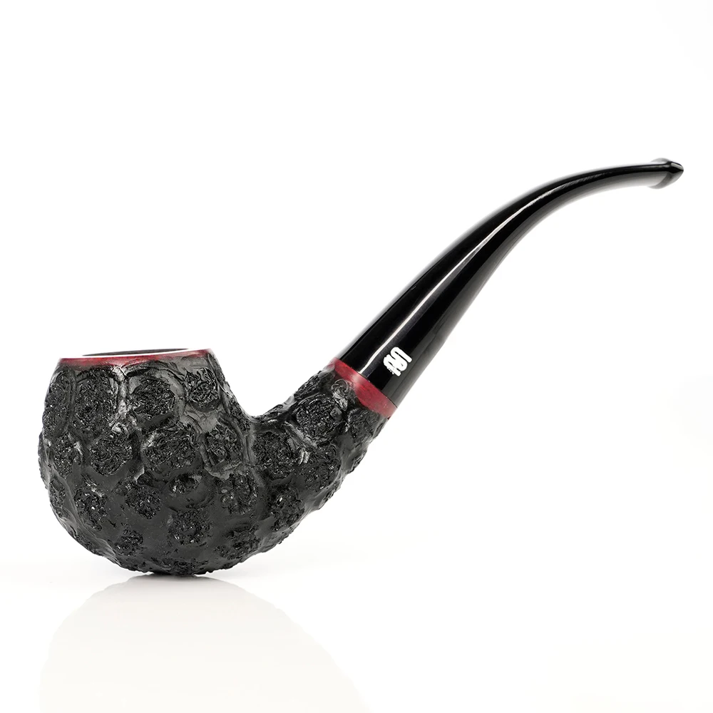 MUXIANG briar wood tobacco pipe Classic SherlockHolmes pipe Curved handle 9mm channel Heather wood carved sandblasted pipe