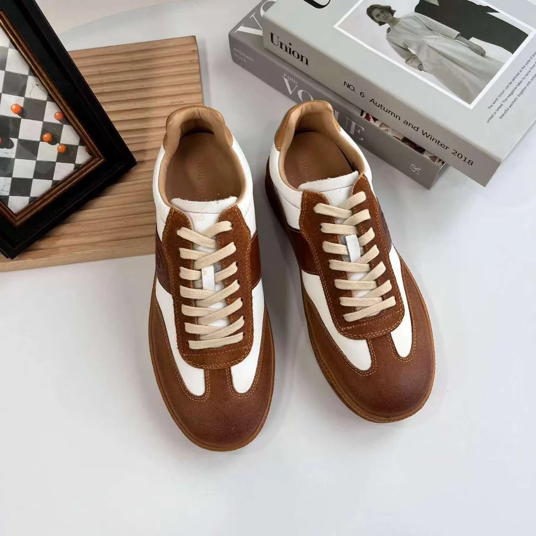Casual Men's Shoes Spring Autumn Horsehide round Toe Color Block Lace up Low Top Fashionable Versatile Trendy Rubber Outsole