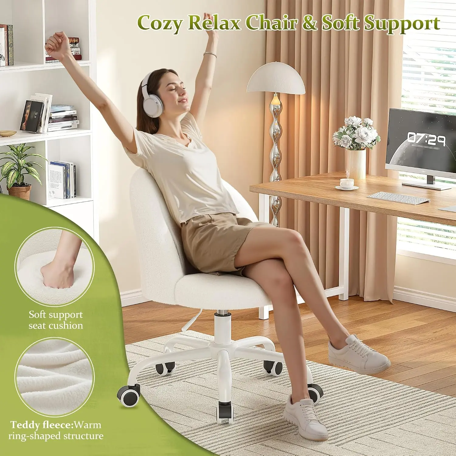 DurayLoly White Vanity Chair with Wheels, Cute Desk Chair with Back, Armless Chair with Height Adjustable & 360° Swivel, Soft Lumbar Support for Small Space, Bedroom view 3