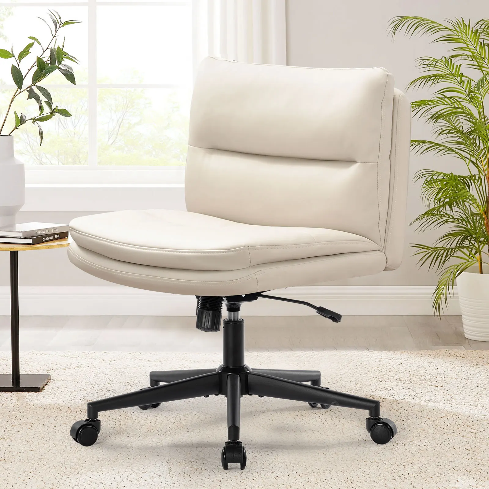 Office Chair Armless Desk Chair with Wheels, PU Padded Wide Seat Home Office Chairs, 120° Rocking Mid Back Cute Computer Chair f