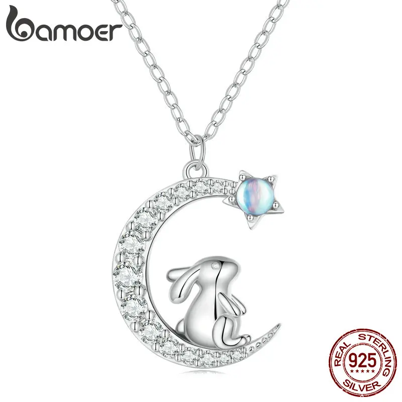 Bamoer 925 Sterling Silver Crescent Moon Pendant Necklace Cute Rabbit Neck Chain for Women Birthday Gift Fine Jewelry BSN302