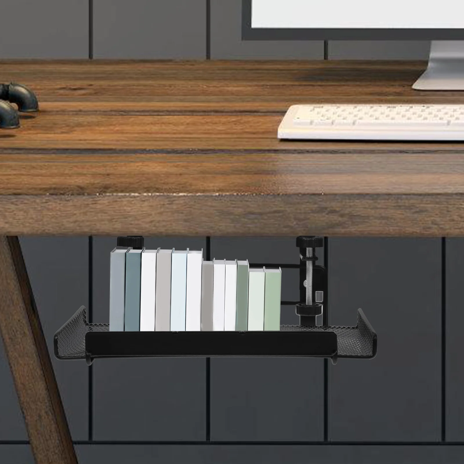 

Adjustable Under Storage Tray Carbon Steel Mesh Shelf For Files Stationery Cables Organizer Hanging Clamp Desk Shelf Under