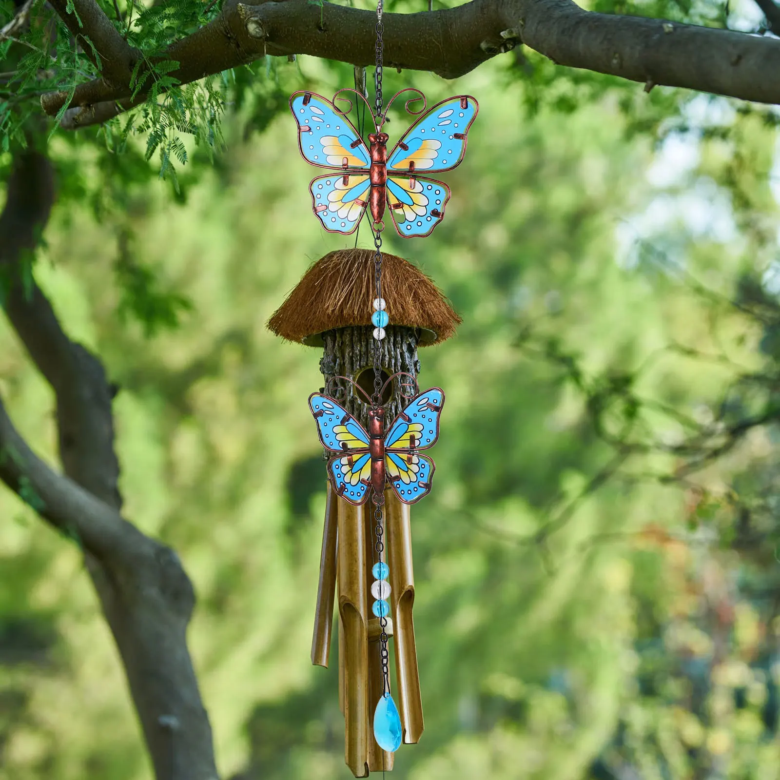 

Iron Butterfly Glass Painted Outdoor Hanging Decor Double Butterfly Rotation Effects Garden Pendant Decoration