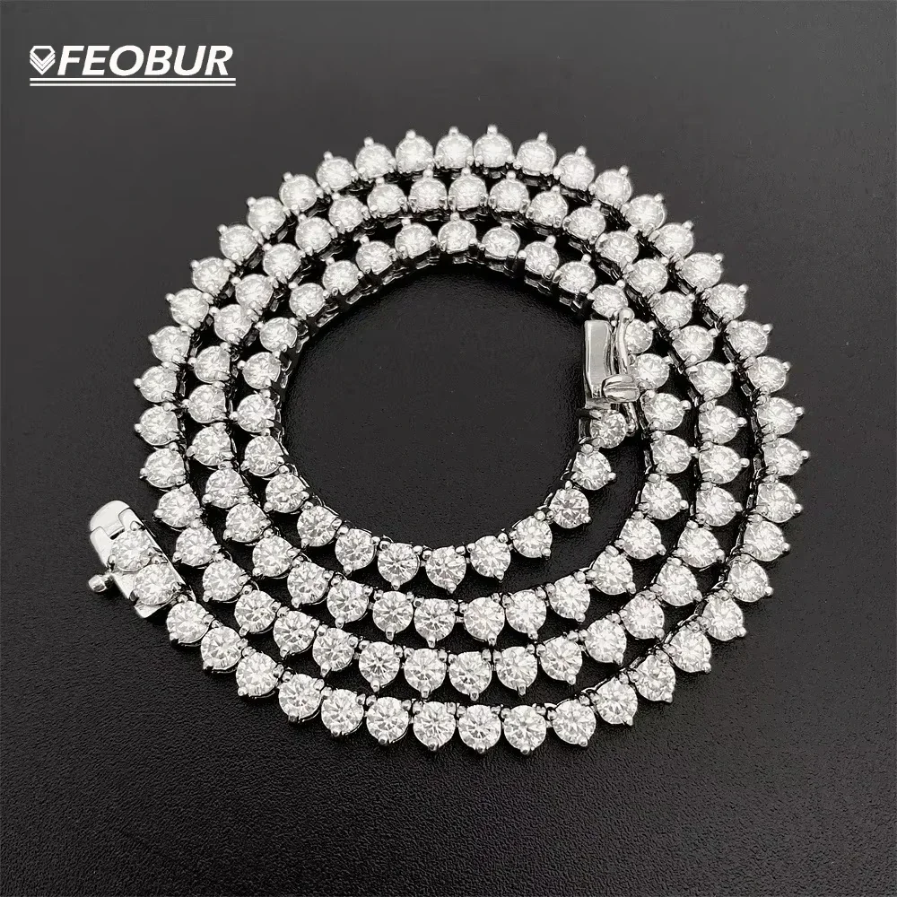 FEOBUR Certified 3/4/5mm Moissanite Tennis Necklace for Women Man S925 Sterling Silver 3Claw Lab Diamond Hiphop Chains Jewelry