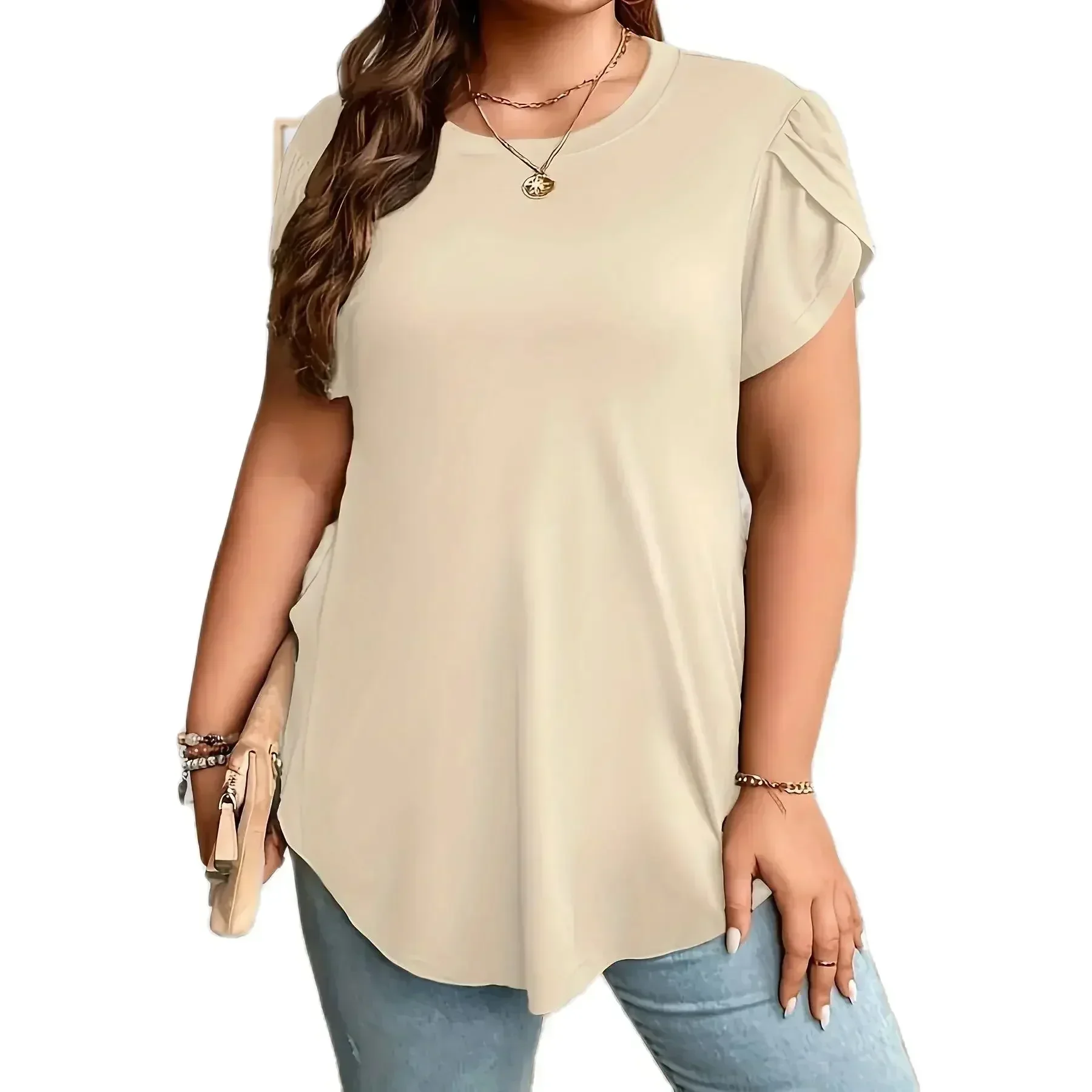 Women Plus Size 1XL-5XL Petal Sleeve Curved Hem T-shirt Ladies Fashionable Style Suitable for Various Casual T-shirt