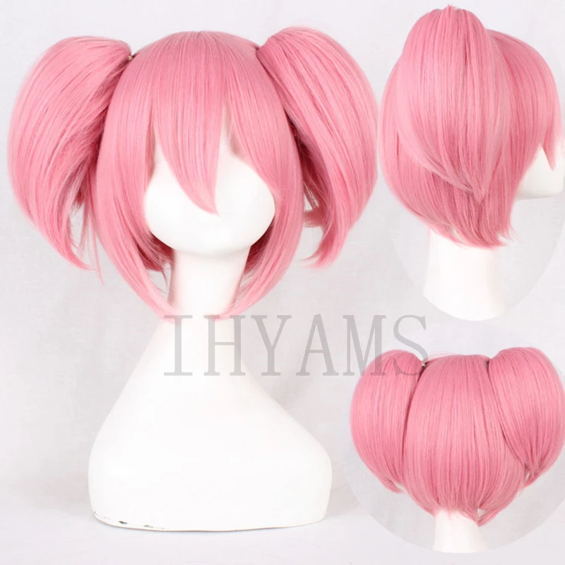 

Madoka Kaname Cosplay Wig Puella Magi Madoka Magica Short Pink M Shape Styled Synthetic Hair Halloween Party Wigs + Wig Cap