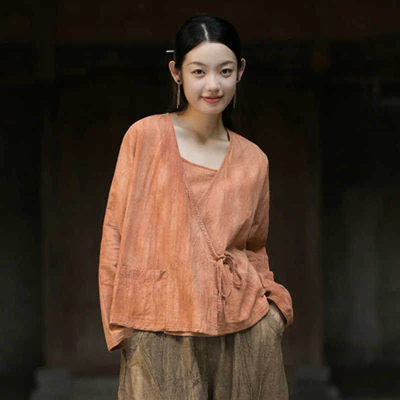 Women Loose Shirt Summer Autumn r Retro Casual Flax Tops Ladies Vintage Blouse Tops Outer Garment Woman Jacket