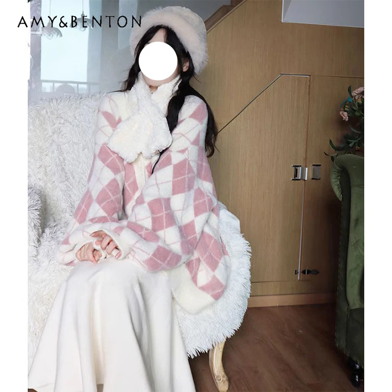 

2025 Spring and Autumn New Soft Girl Knitted Pink and White Cardigan Beige Long Skirt Gentle Sweet Girl Style Two-Piece Set