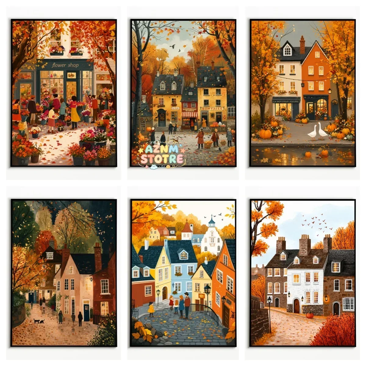1PC  European-style Pumpkin Town Street Scene Autumn Poster  Thanksgiving Rural Harvest Wall Art  Frameless Canvas Printing
