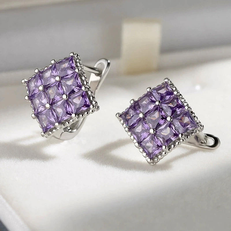 كبير مربع الأرجواني كريستال الأبيض الزركون هوب أقراط للنساء خمر فضي اللون الزفاف الأذن مشبك مجوهرات الخطوبة الزفاف