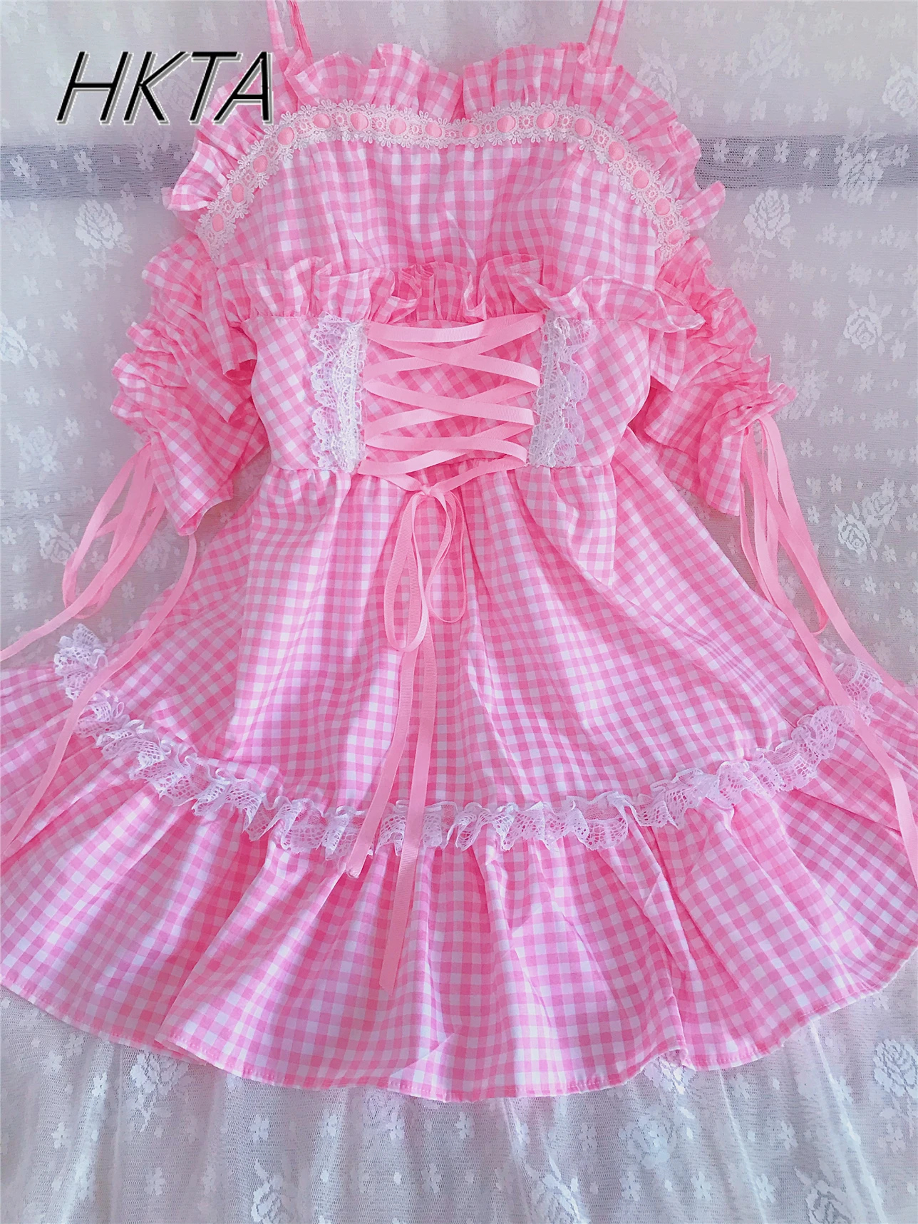 

Japanese Style Lolita Sweet Suspender Dress Women Kawaii Fresh Plaid Print Lace Kawaii Slim Waist Ruffle Pink Princess Dress