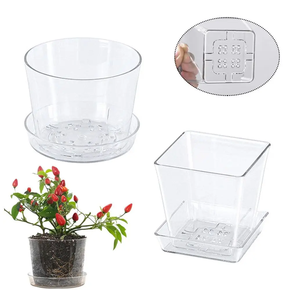 

Новые круглые/квадратные прозрачные детские горшки, прозрачные с дренажными отверстиями, пластиковый горшок, контейнер для цветочных растений