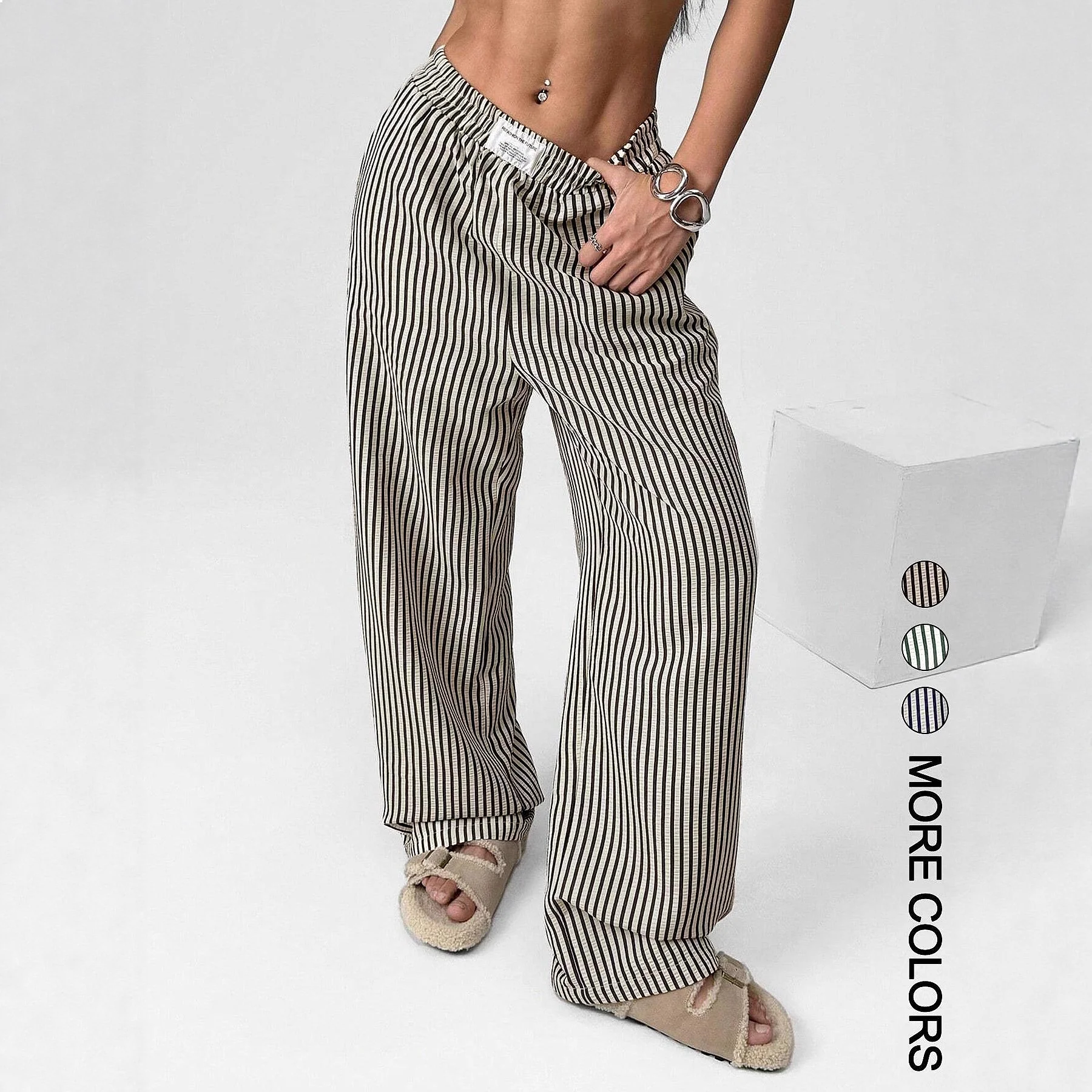 Cross Striped Pants High Waist Loose Casual Trousers Spring Summer Matching Sets