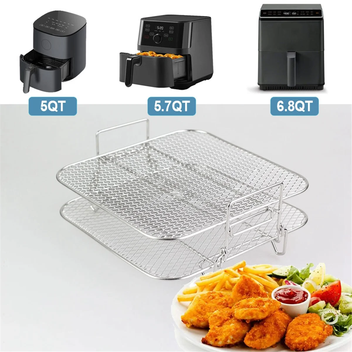 A86I-Stainless Steel Air fryer Pot Double Layer Rack Versatile Square Roasting Grill Air fryers Holder 5QT/5.7QT/6.8QT
