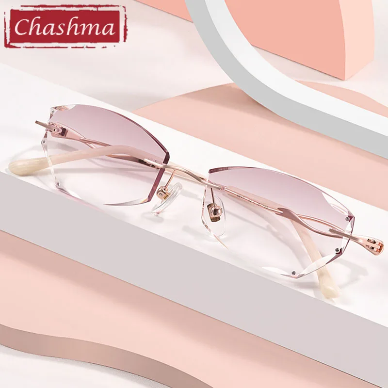 Elegant Optical Glasses Rimless Titanium Light Spectacles Fashion Eyeglasses Frame Women Diamond Trimmed Stones Crystal