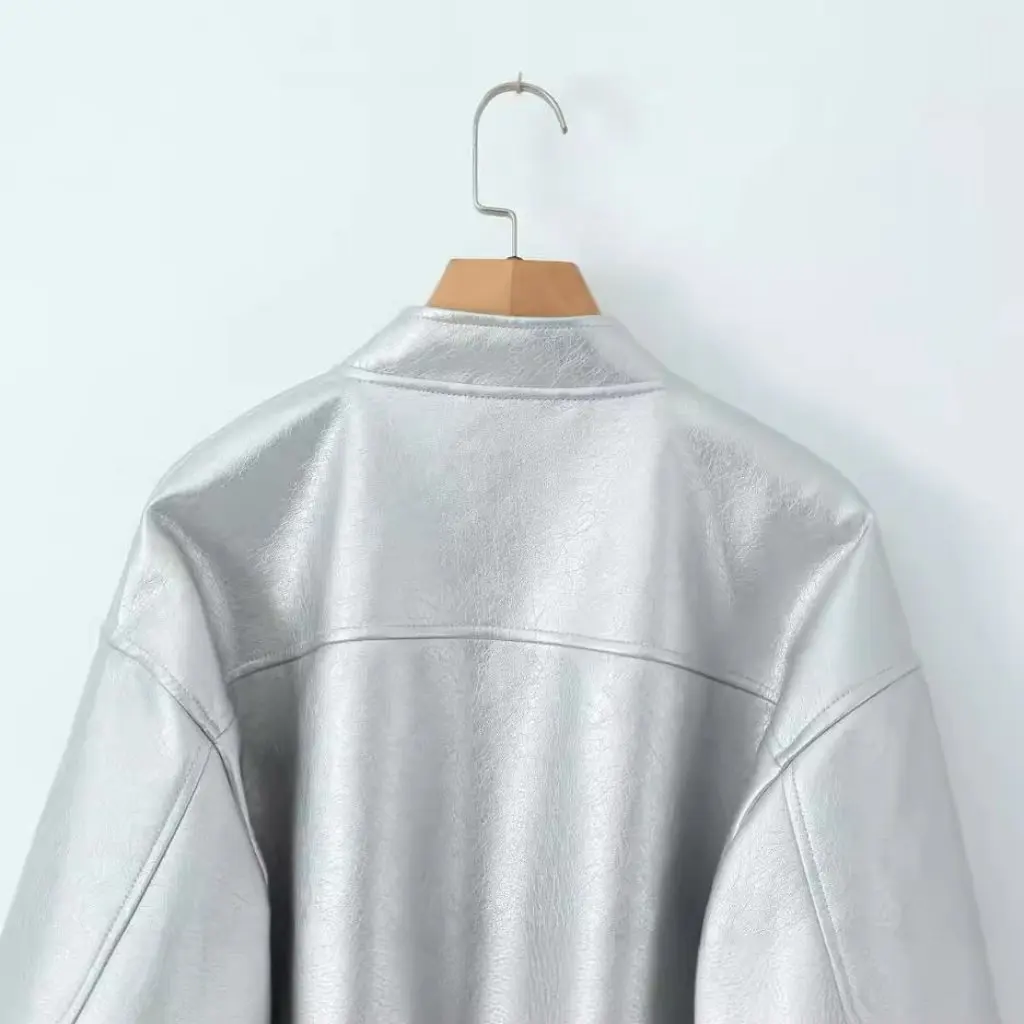 Jaqueta curta de metal prateado feminino couro agasalhos primavera nova chegada na moda por