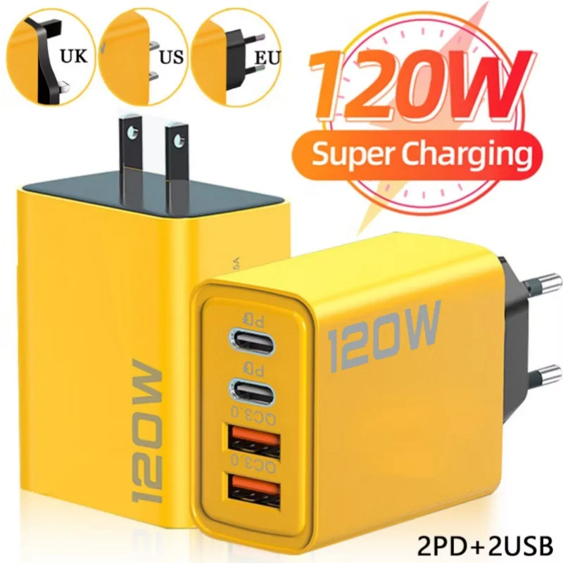 Total 120W USB C Fast Charger 4 Ports PD Quick Charging 3.0 Type C Mobile Phone Adapter Wall For iPhone 15 16 Pro Xiaomi Samsung
