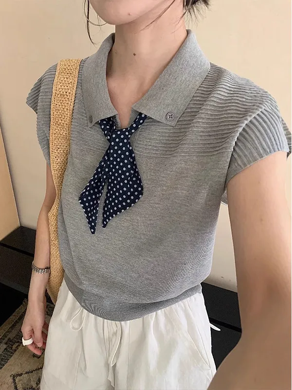 Women's Grey Lapel Scarf Ice Silk Knit T-shirt Y2K Gyaru T-shirt Knitwear Flying Sleeve Short Sleeve Top for Women Summer 2026
