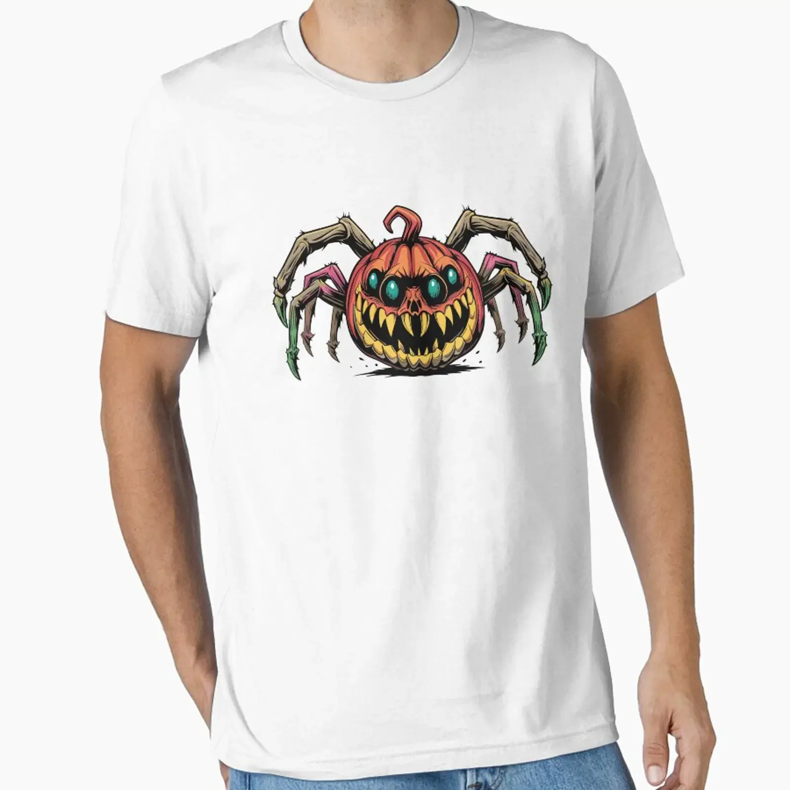 Spooky Pumpkin Spider Illustration Monster Urban Street Art Essential T-Shirt Vintage Washed Graphic Stretched Unisex Herren