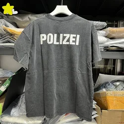 24SS Vintage Washed Black POLIZEI Kanye Vintage Screen Star T-Shirt Men Women Best Quality Oversize T Shirt Crack Logo Print Tee