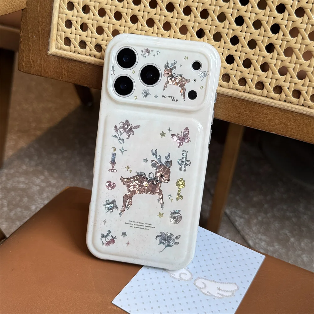Kawaii Shiny Foil Deer Pattern Case For iPhone 15 16 17 18 Pro Max Retro Floral Butterfly Star Decor Shockproof Anti‑Drop Cover