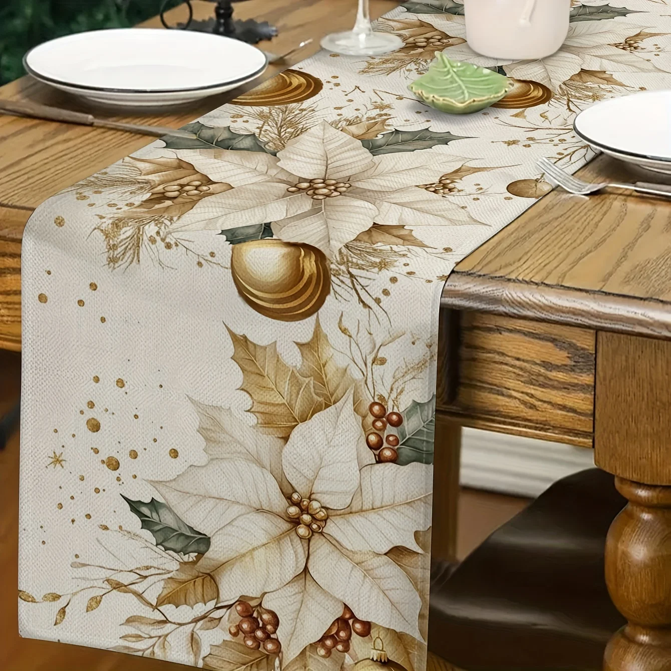 1pcChristmas Linen Table Runner with Trimmed Pattern Festive Table Cloth for Party New Year Gift Holiday Dining Table Decoration