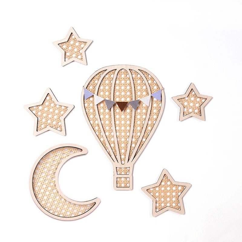 Nordic 3D Rattan Woven Wall Ornaments Wooden Vine Rainbow Hot Air Balloon Moon Star Wall Stickers Baby Room Decoration For Kids