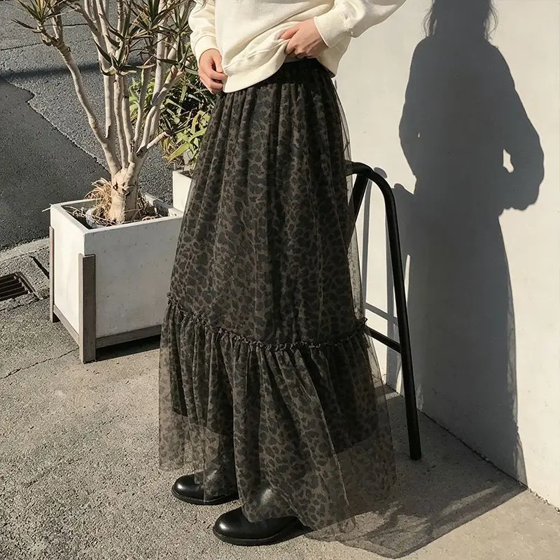 Leopard Print Retro Skirt Heavy Industry Mesh Design Sense Lace Dress