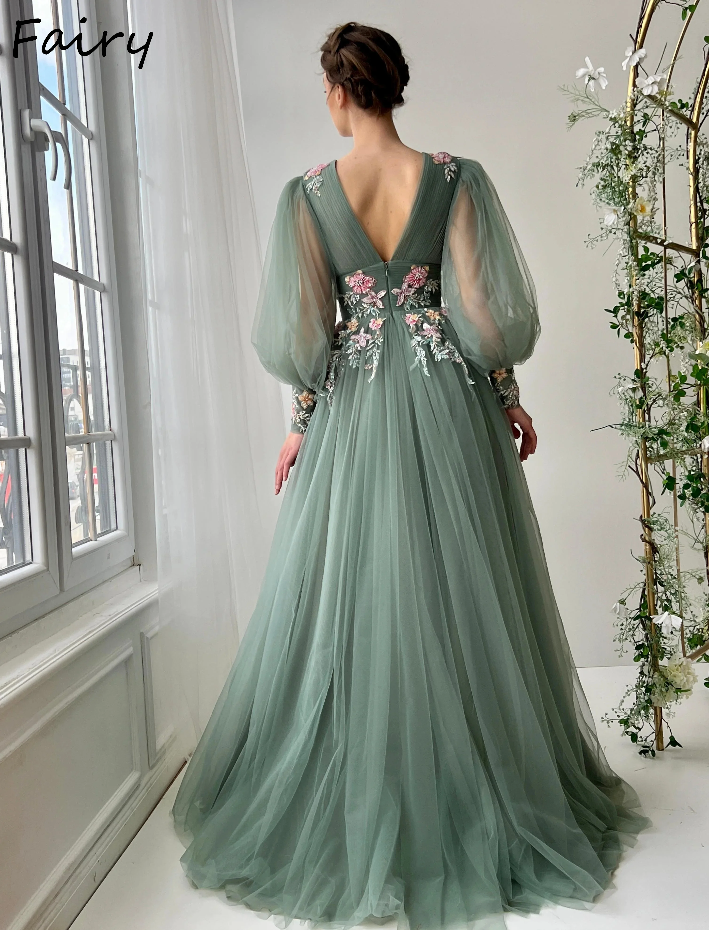 Customized Sage Green Tulle Prom Dresses Beading 3D Flowers Lace Appliques A-Line Evening Gowns Puff Sleeves Formal Party Dress view 2