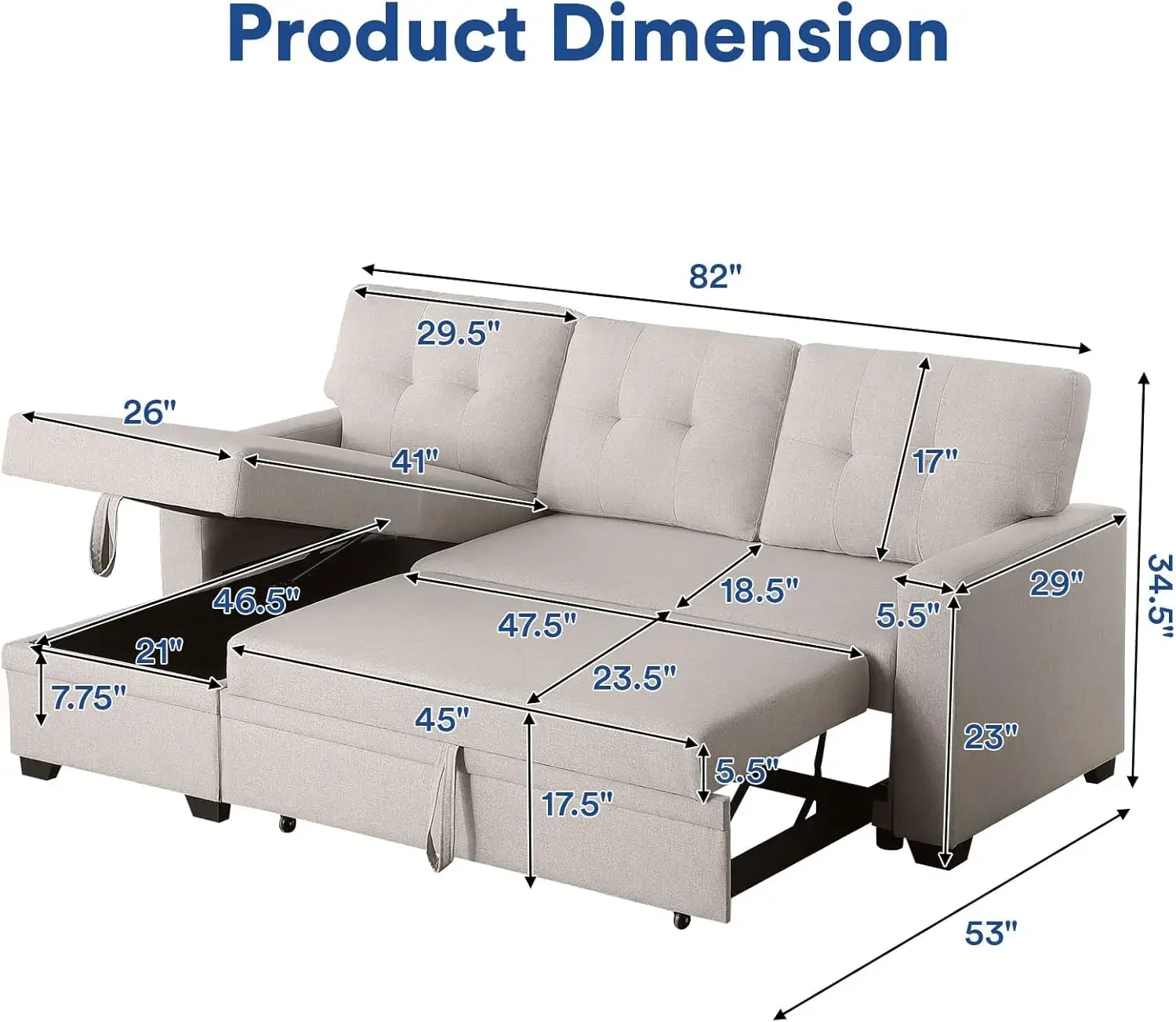 L Shaped Couch with Pull Out Bed and Storage, Sectional Sleeper Sofa with Reversible Chaise for Living Room, Apartment, Bedroom,